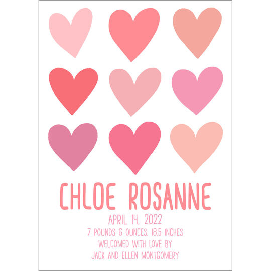 Pink Hearts Photo Birth Announcements